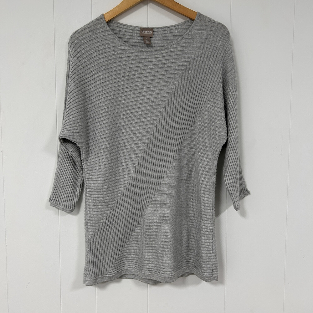 Chico's Women's Mitered Stitch 3/4-Sleeve Sweater Light Gray Size 1